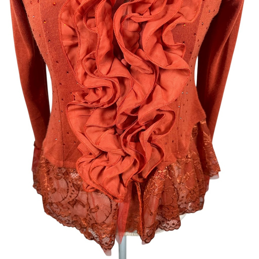Pretty Angel Orange Button Cardigan Chiffon Ruffle Lace Beaded Cottage Size M - Picture 3 of 14